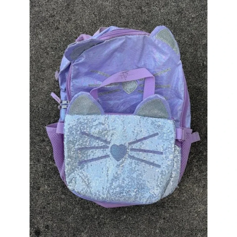 Kids Lavender Iridescent Cat Backpack Silver Sequin Heart Kitten School Bag‎